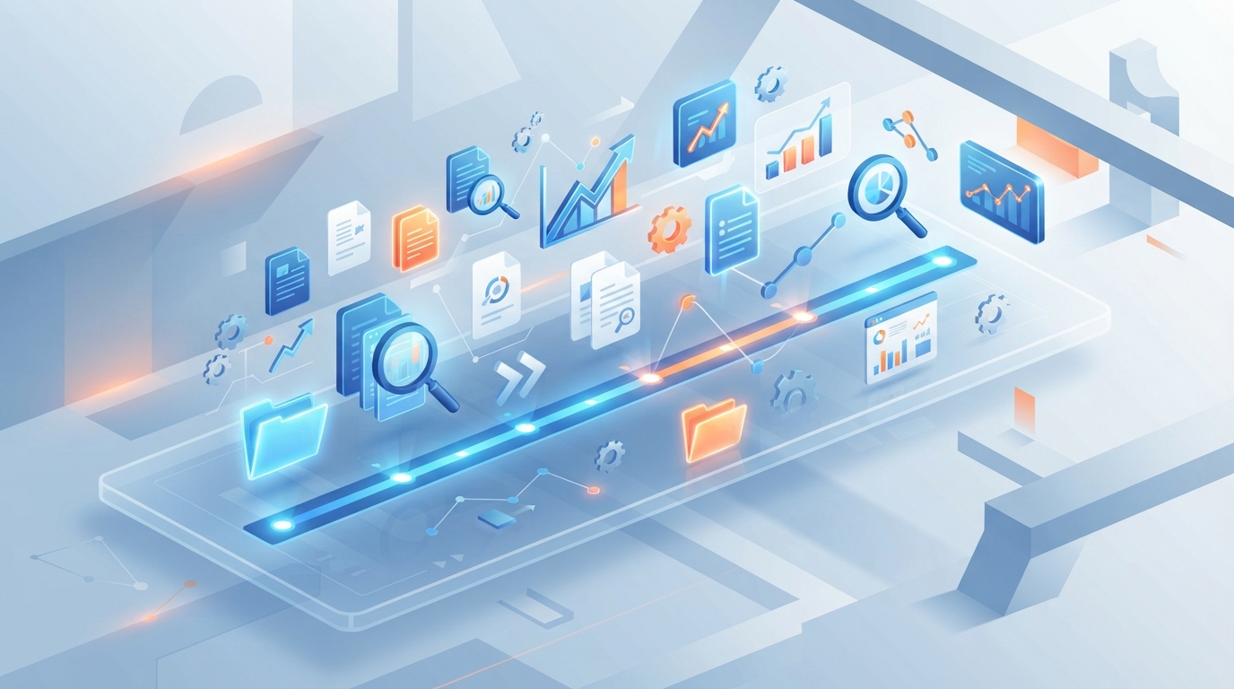 Isometric illustration of a digital timeline showing document icons and growth markers representing brand history.