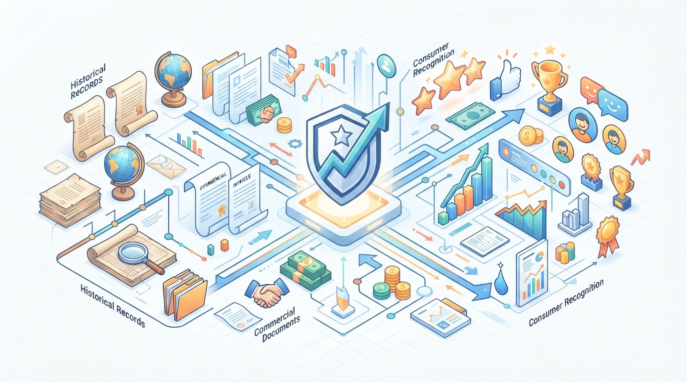 An isometric illustration showing various commercial documents and data points building towards a brand identity.