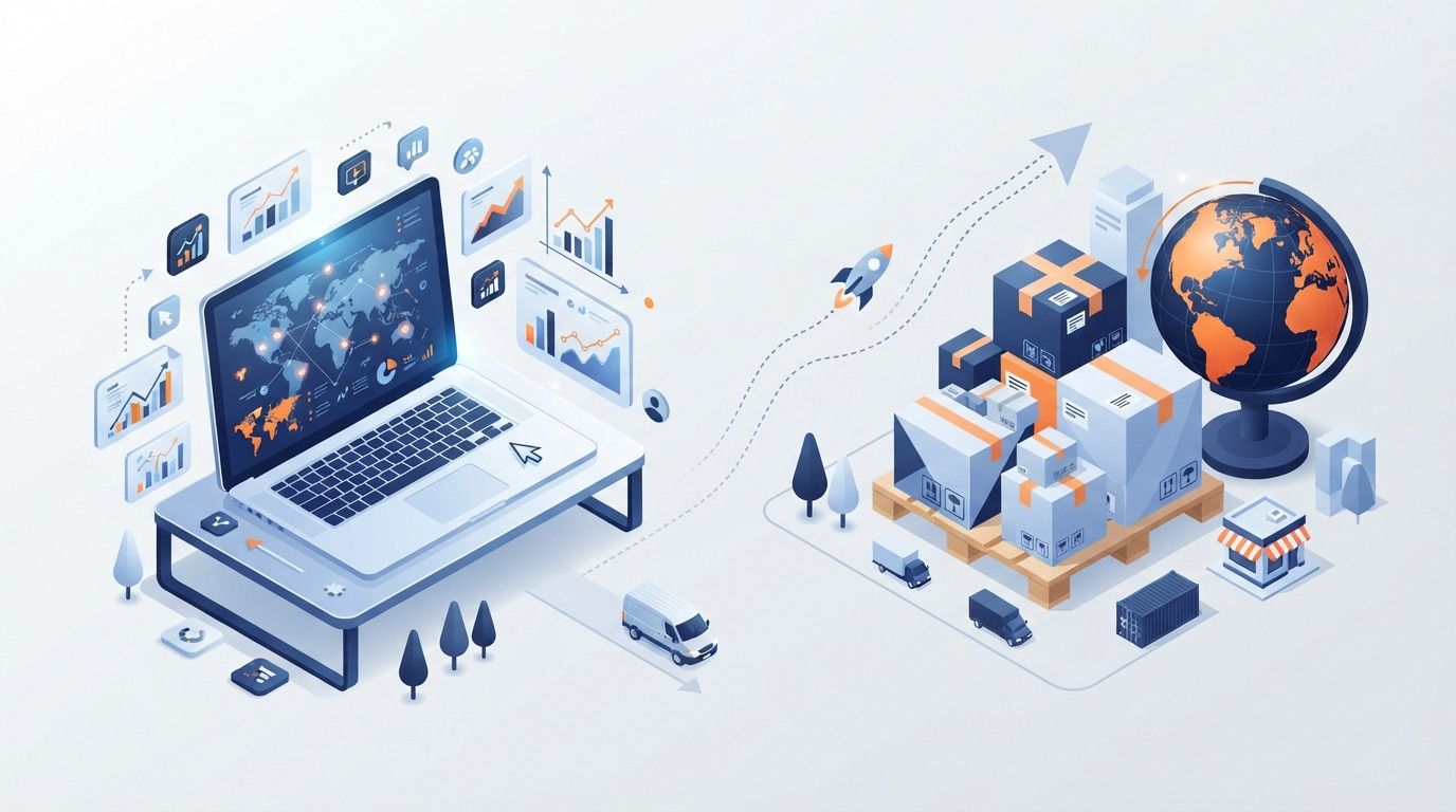 Isometric illustration comparing digital engagement data with physical commercial goods to demonstrate trademark market reach.