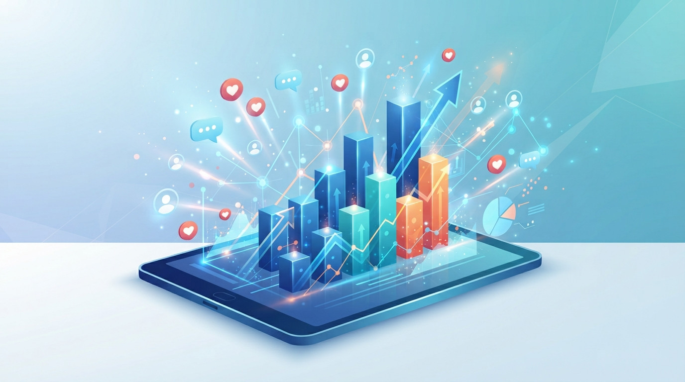 An isometric illustration of a digital tablet showing growth charts and social engagement icons representing a brand's online presence.