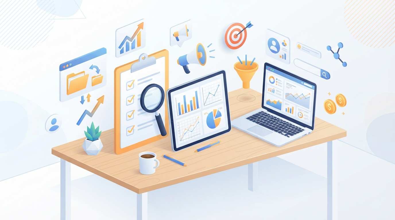 3D isometric illustration of a legal checklist and brand performance data documents