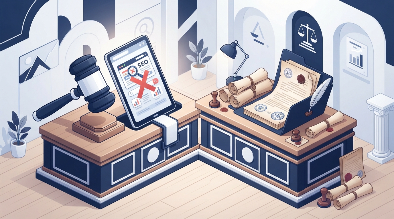 Isometric illustration showing a digital document with SEO symbols being rejected by a gavel while a physical folder of records is approved.