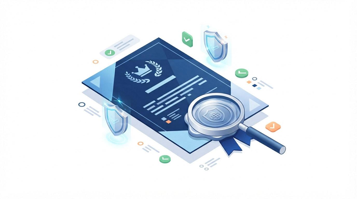 An isometric illustration of a verified legal document with a magnifying glass and security symbols.