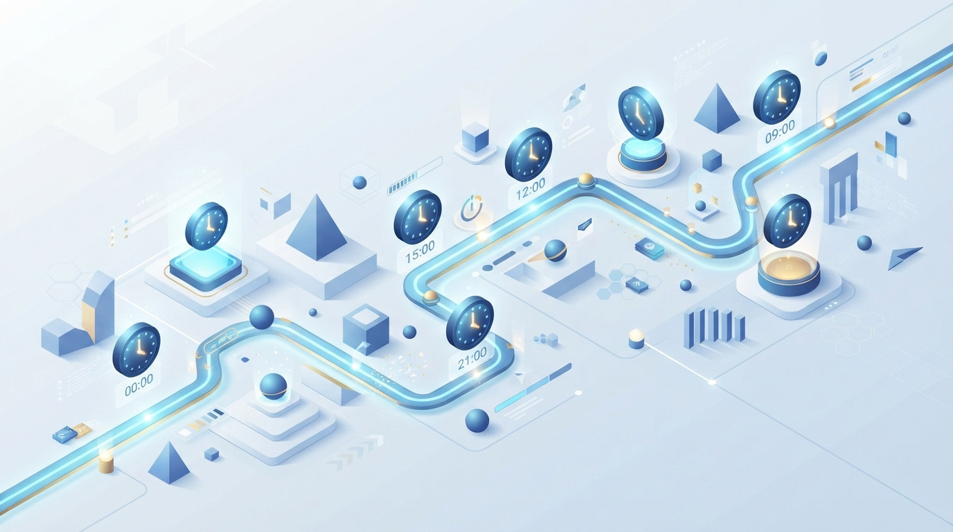 A 3D isometric illustration of a chronological timeline with data points representing business milestones.