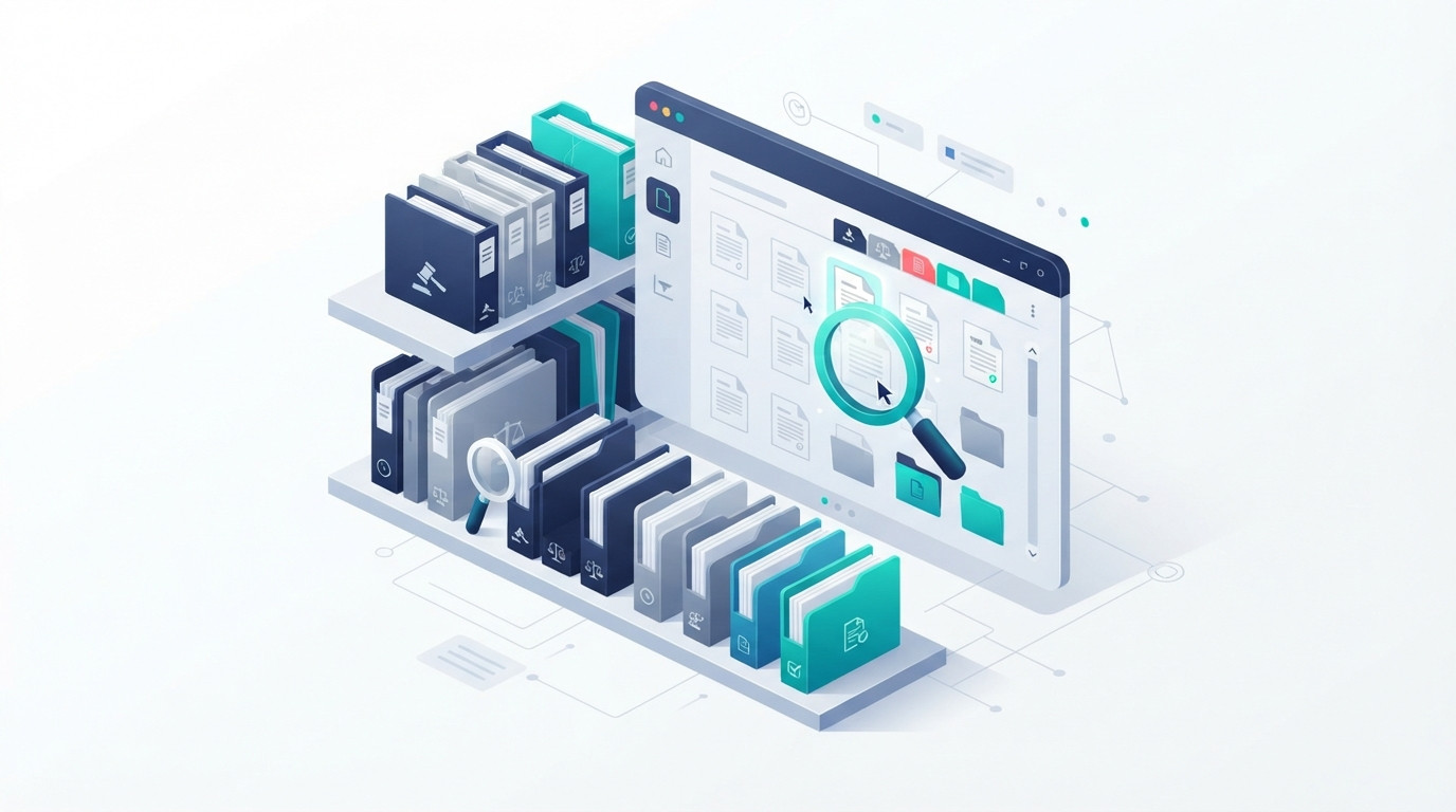 Isometric illustration of an organized digital filing system representing a structured evidence index.