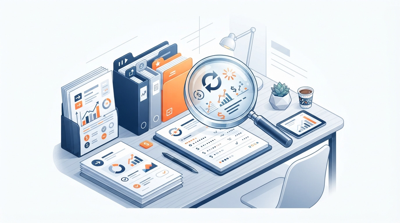 Isometric illustration of business invoices and a magnifying glass symbolizing evidence of market participation.