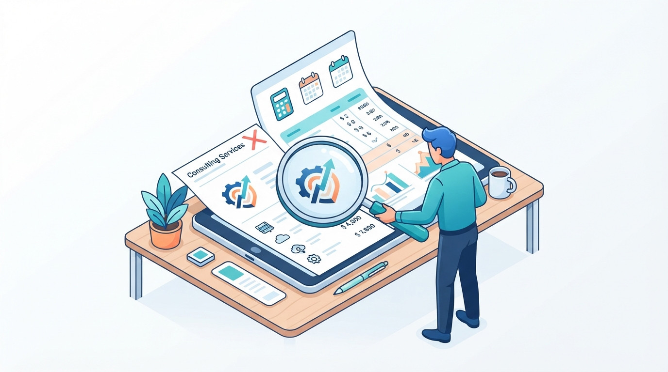 An isometric illustration of a magnifying glass highlighting specific brand details on a professional invoice to show transparency and clarity.
