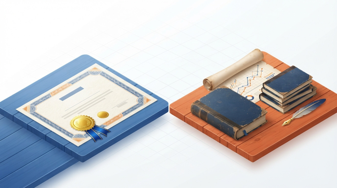 An isometric illustration showing a formal certificate next to a stack of business documents, representing registered and common law rights.