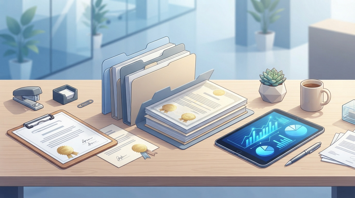 Eine professionelle 3D-Illustration, die einen Stapel offizieller Dokumente mit Siegeln und digitalen Aufzeichnungen auf einem minimalistischen Schreibtisch zeigt.