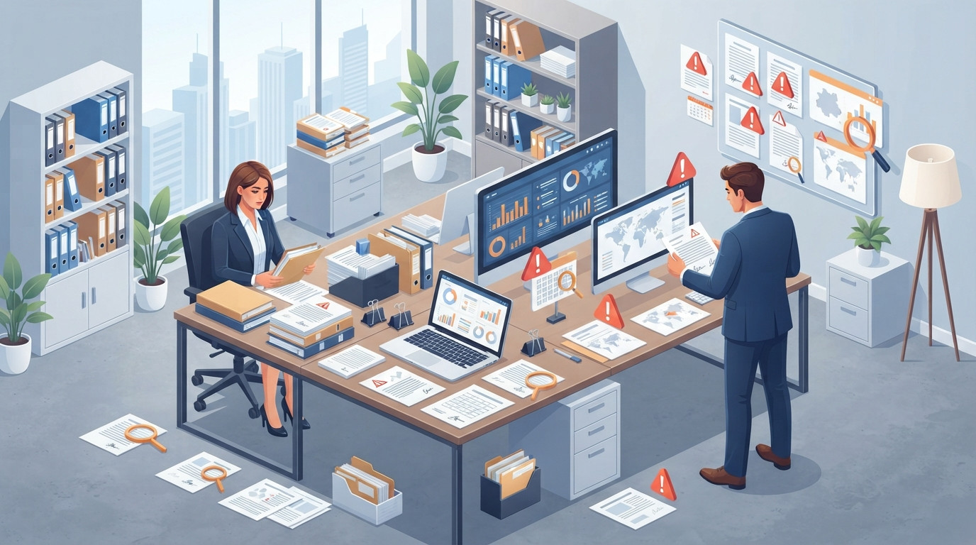 An isometric illustration showing various legal documents and data charts being inspected for accuracy and completeness.